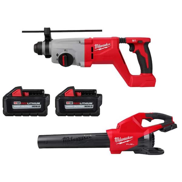 Milwaukee M18 18V Lithium-Ion Brushless Cordless 1 in. SDS-Plus D-Handle Rotary Hammer w/M18 Dual Battery Blower & (2) Batteries