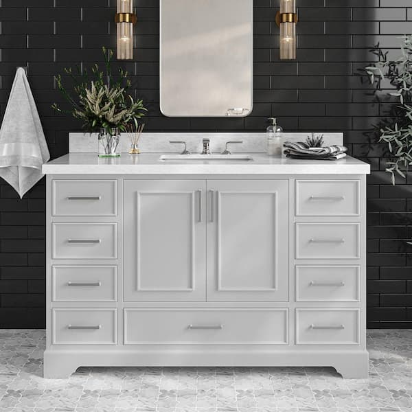 ARIEL Stafford 54 in. W x 22 in. D x 36 in. H Single Sink Freestanding Bath Vanity in Gray with Carrara White Marble Top