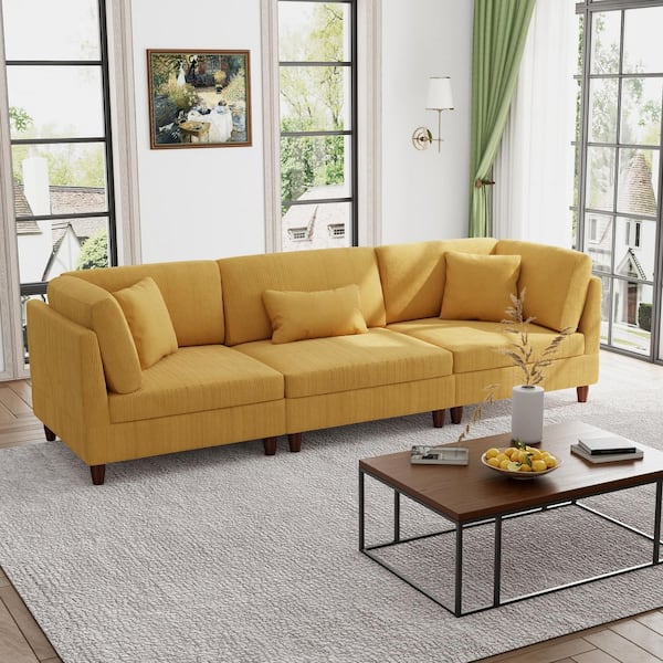 Uixe 112.1 in. Straight Arm 3-Piece Corduroy Upholstered 3-Seater Sectional Sofa in Orange
