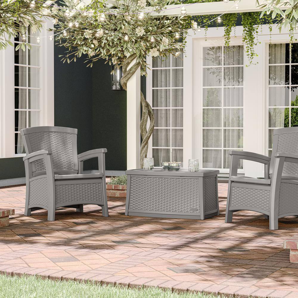 Dove Gray Wicker-Style Plastic Outdoor Armchair with Storage