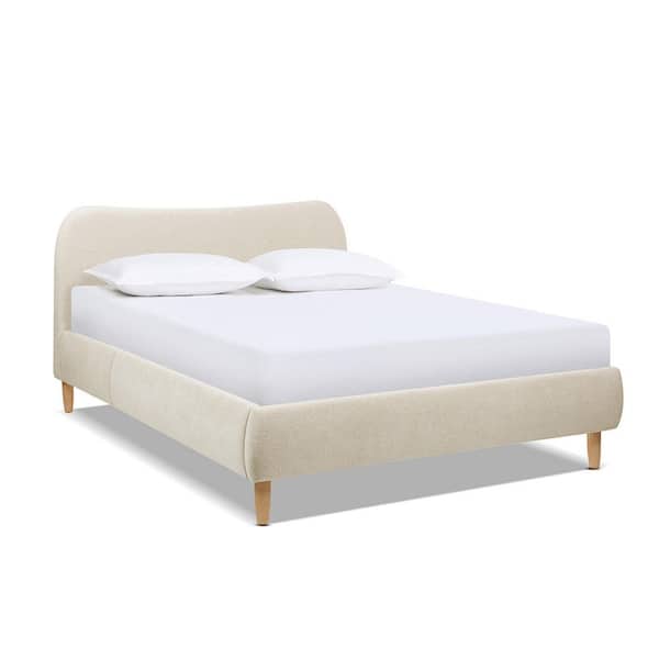 Roman Curved Headboard Boucle Upholstered Modern Queen Platform Bed Frame in Oatmeal Light Beige Chenille