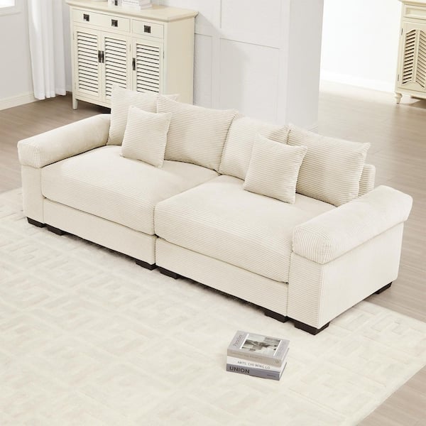 Sheila 92 in. Cloud Corduroy Upholstery Modular Rectangle Sectional Sofa in. Beige with Throw Pillows, Cream