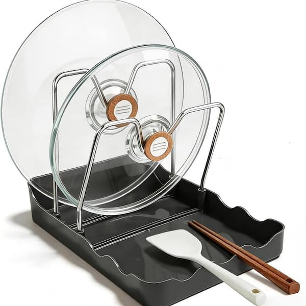 Black Metal Standing 2-in-1 Pot Lid & Utensil Holder Pot Rack, 2-in-1 Pot Lid & Utensil Holder with Drip Tray
