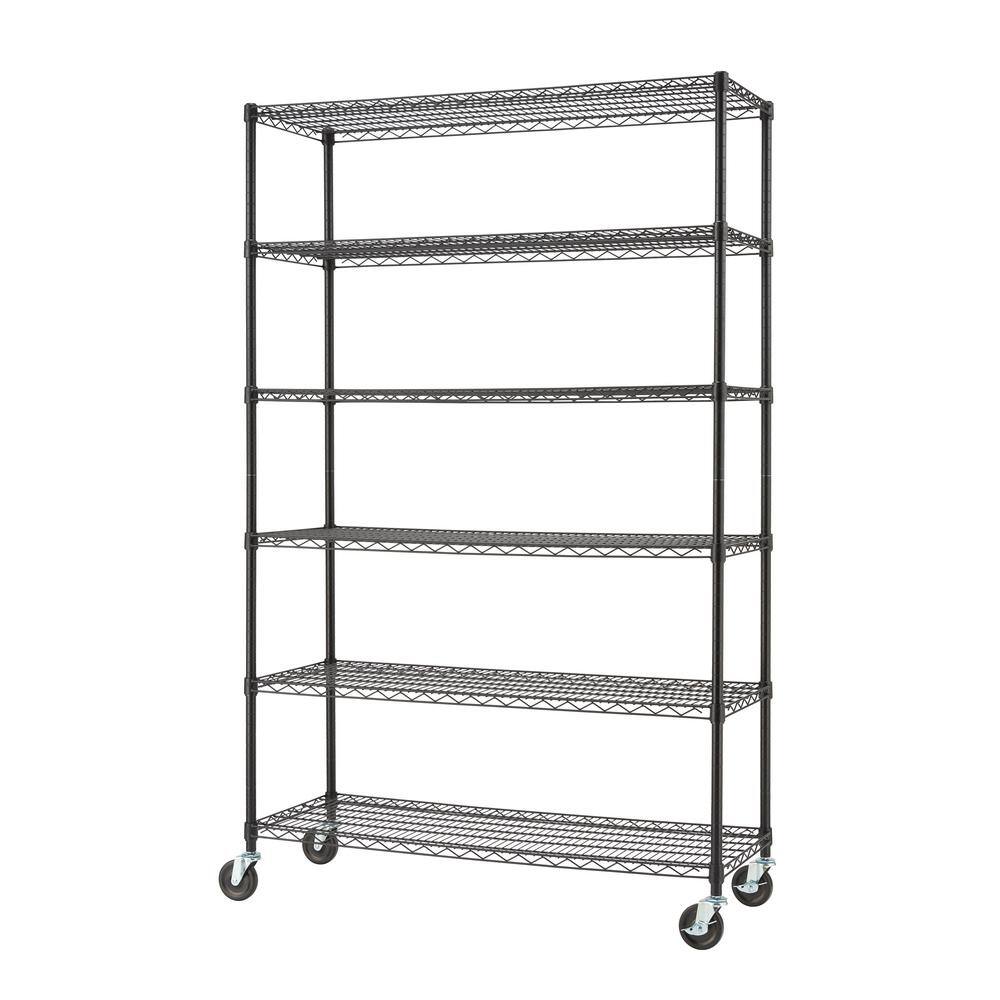 Black 6-Tier Steel Wire Shelving Unit with Wheels