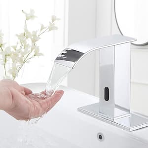 Battery Powered Touchless Single Hole Bathroom Faucet Sensor Deck Mount With Drain Kit In Polished Chrome