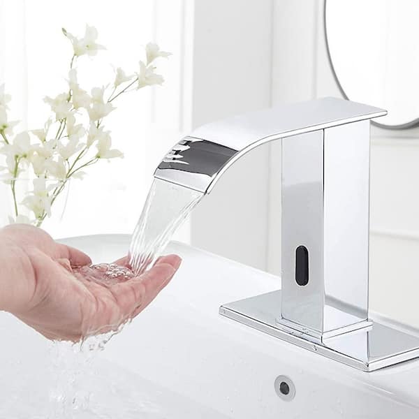 Battery Powered Touchless Single Hole Bathroom Faucet Sensor Deck Mount With Drain Kit In Polished Chrome