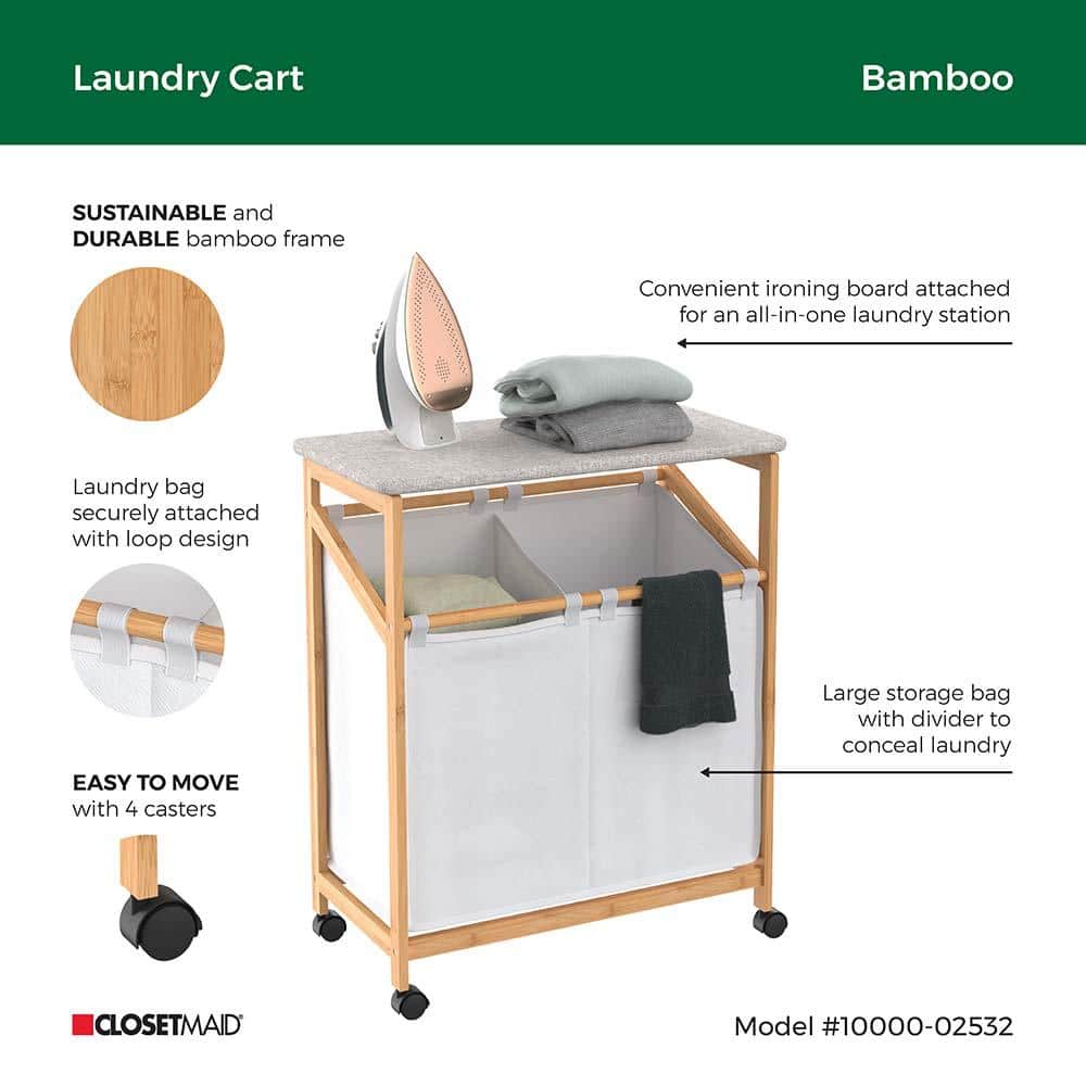 Natural Bamboo Dual Compartment Laundry Hamper with Ironing Board