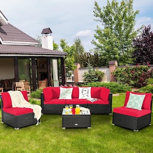 6-Piece Rattan Patio Furniture Set Cushioned Sofa Coffee Table Garden in Red Cushion