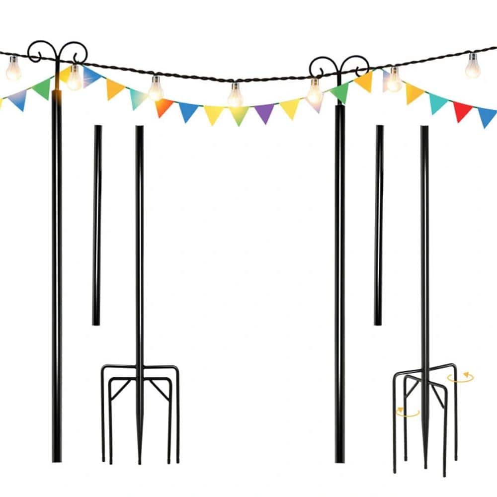 Black Steel Outdoor String Light Poles with Arc Hook and 5-Prong Base - 10 ft