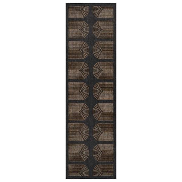 Geometric Border Dark Gray/Natural Easy-Care Jute-Style Indoor/Outdoor Flat Woven 2 ft. 3 in. x 8 ft. Dark Gray Area Rug