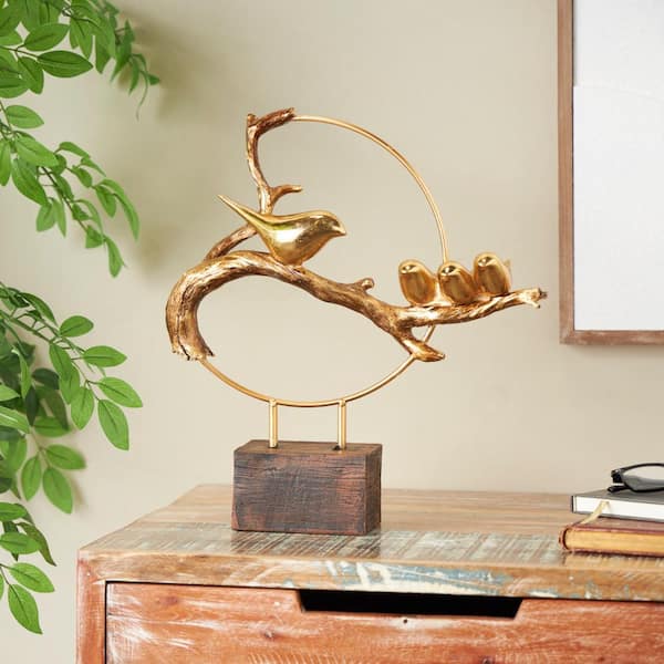Litton Lane Gold Poly Stone Family on A Branch Bird Sculpture with Brown Block Base