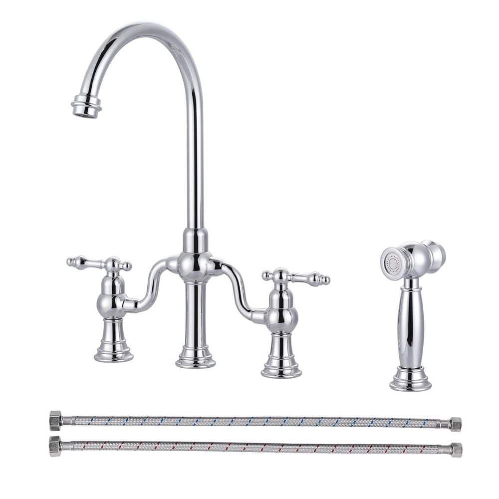 Double Handle High Arc Brass Bridge Kitchen Faucet with Side Sprayer in Polished Chrome price history on PriceWatchPro