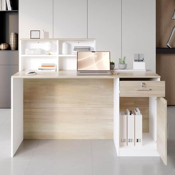 FUFU&GAGA 23.6 in. Rectangular White MDF Writing Desk with Flat Desktop, 1-Drawer, 4-Shelves and a Single -Door Container