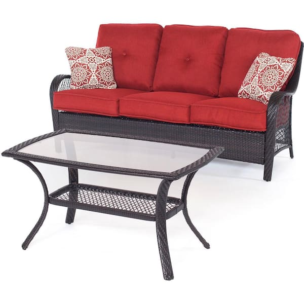Hanover Orleans Brown 2-Piece All-Weather Wicker Patio Conversation Set with Autumn Berry Cushions