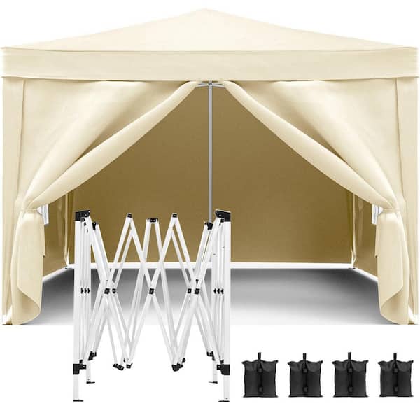 Zeus & Ruta 10 ft. x 10 ft. Beige Outdoor Pop Up Folding Gazebo Canopy Tent with 4-Removable Walls and Carry Bag for Events, Camping