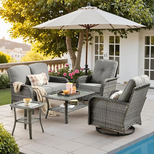 weaxty W Lily A Gray 5-Piece Wicker Patio Conversation Seating Set with Swivel Rocking Chairs Coffee Table and Dark Gray Cushion