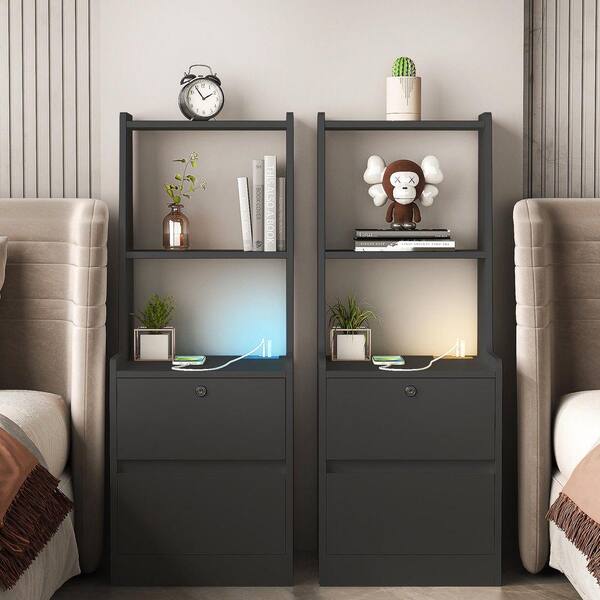 Black MDF Smart Nightstand Bedside Tables with Charging Station