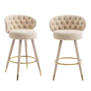 24.21. Modern Beige Velvet Wood Frame Swivel Counter Height Bar Stools with Tufted Backrest and Copper Nails (Set of 2)