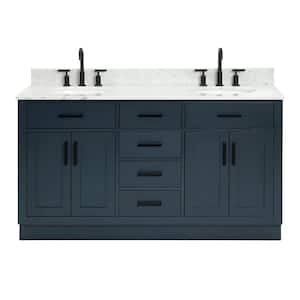 Hepburn 61 in. W x 22 in. D x 35.25 in. H Bath Vanity in Blue with Carrara Marble Vanity Top in White with White Basins
