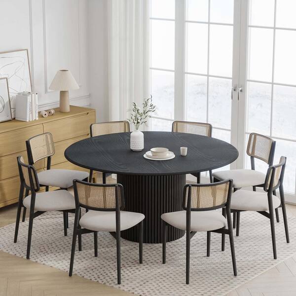 Dovelina 60 in. Natural Oak Wood Black Color Column Pedestal Round Kitchen Table Dining Table Seats 6
