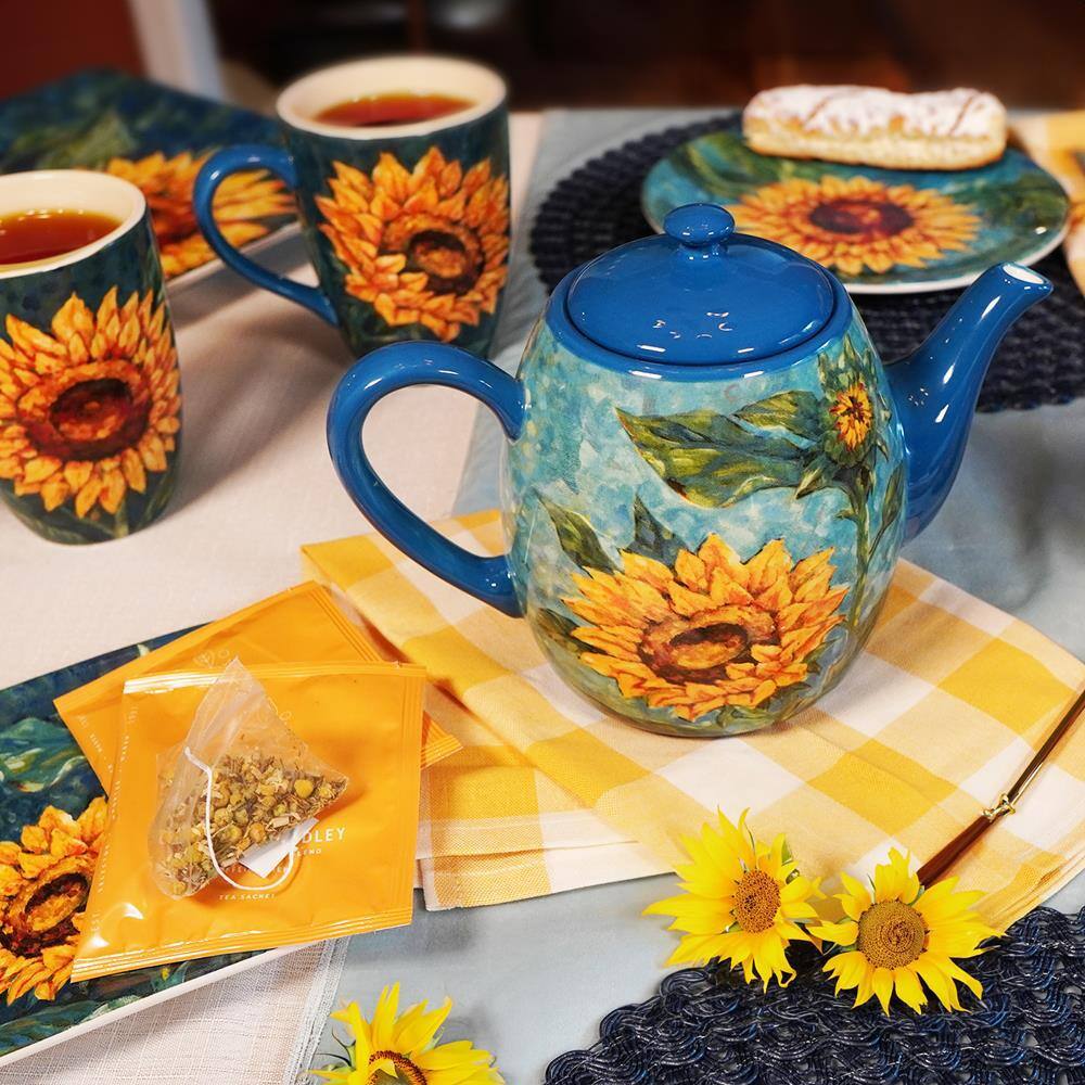 Golden Sunflowers Blue Earthenware Teapot, 36 oz