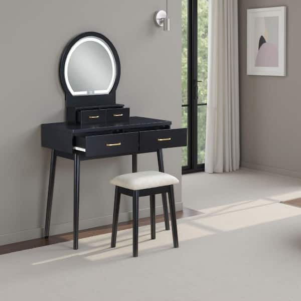 Anvy 2-Piece Black Wood Makeup Vanity Set with 4 Drawers