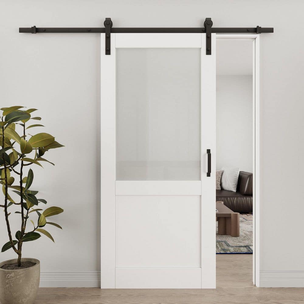 36 in. x 80 in. 1/2 Lite Tempered Frosted Glass White Primed MDF Composite Sliding Barn Door with Hardware Kit price history on PriceWatchPro