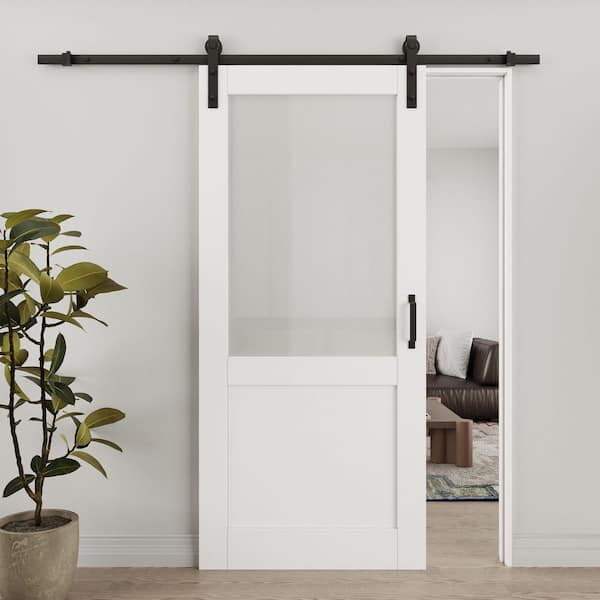 ARK DESIGN 36 in. x 80 in. 1/2 Lite Tempered Frosted Glass White Primed MDF Composite Sliding Barn Door with Hardware Kit