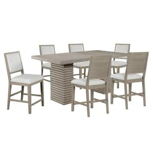 Lily 7-Piece Gray Wood Top Wood Counter Height Dining Room Set with 6 Upholstered Chairs