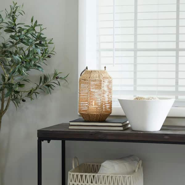 Litton Lane 12 in. H Brown Paper Handmade Decorative Candle Lantern with Glass Holder and Handle