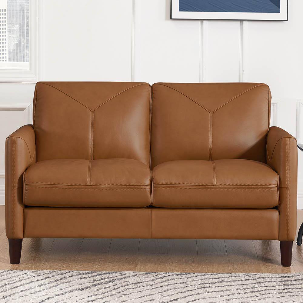 Yorkdale 57 in. Cognac Brown Solid Top Grain Leather 2-Seats Loveseat with 