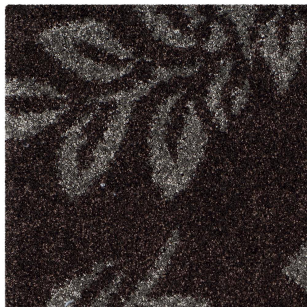 Handcrafted Round Dark Brown Grey Floral Shag Rug, 59 in
