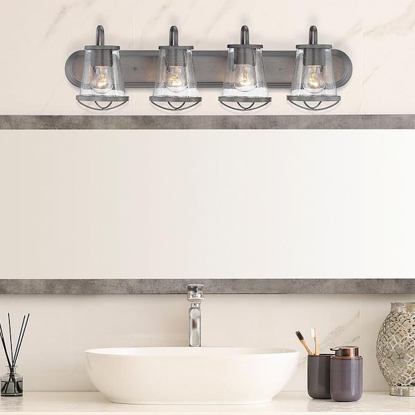 Darby 30 in. 4-Light Weathered Iron Industrial Vanity Light with Clear Seeded Glass Shades