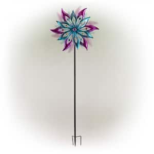 64 in. Tall Outdoor Floral Windmill Stake with Gems Kinetic Spinner, Purple and Aqua