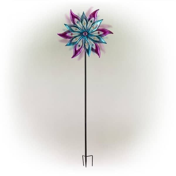 Alpine Corporation 64 in. Tall Outdoor Floral Windmill Stake with Gems Kinetic Spinner, Purple and Aqua