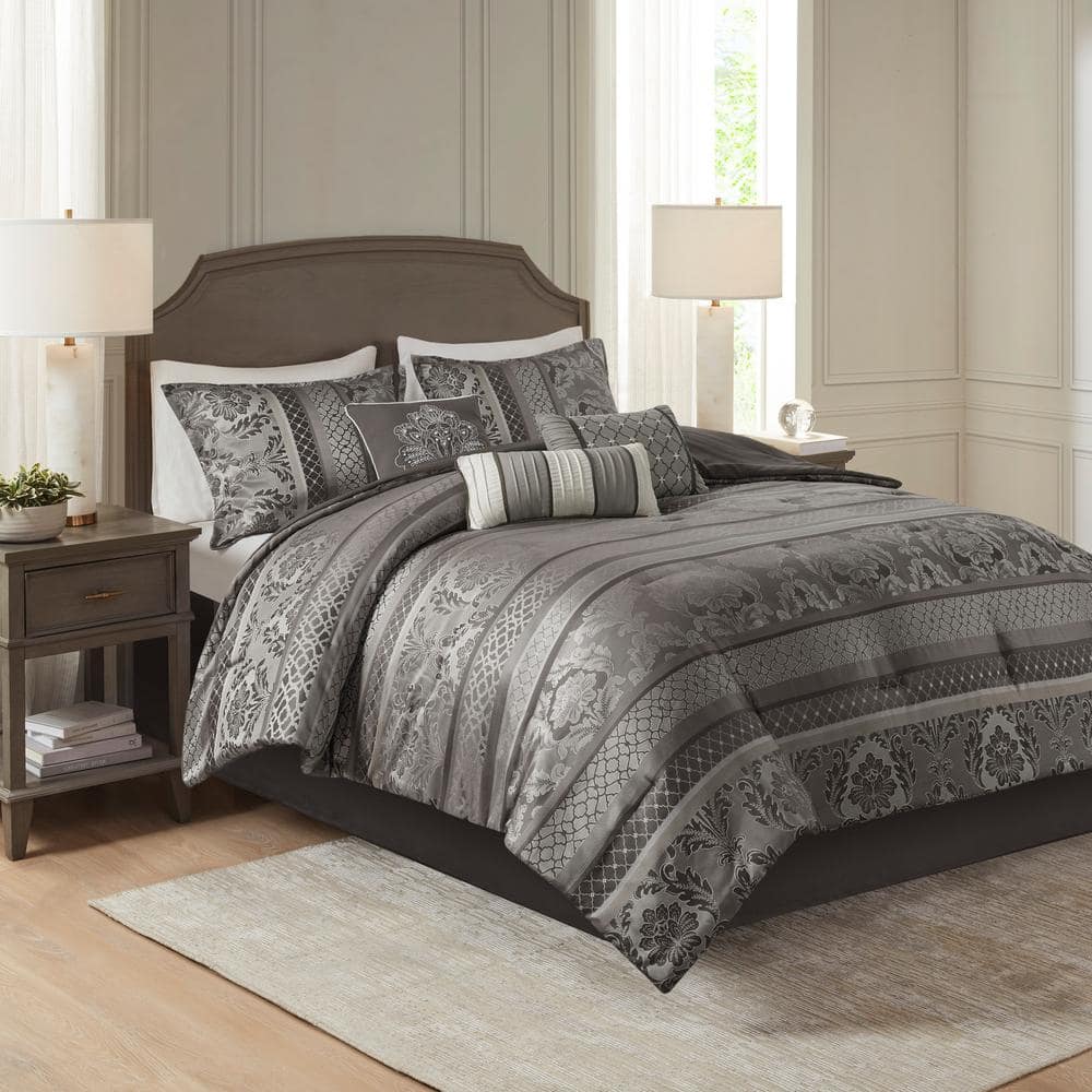 Gray King Jacquard Embroidered 7-Piece Comforter Set