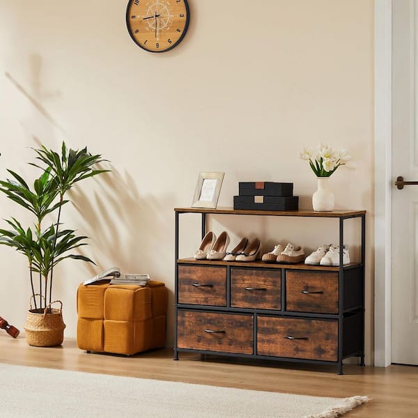 WONDER COMFORT Modern Rust Brown 5-Fabric Drawer 11.8 in. Wide Chest of Drawers with Open Shelf and TV Stand for 45 in. TV Living Room