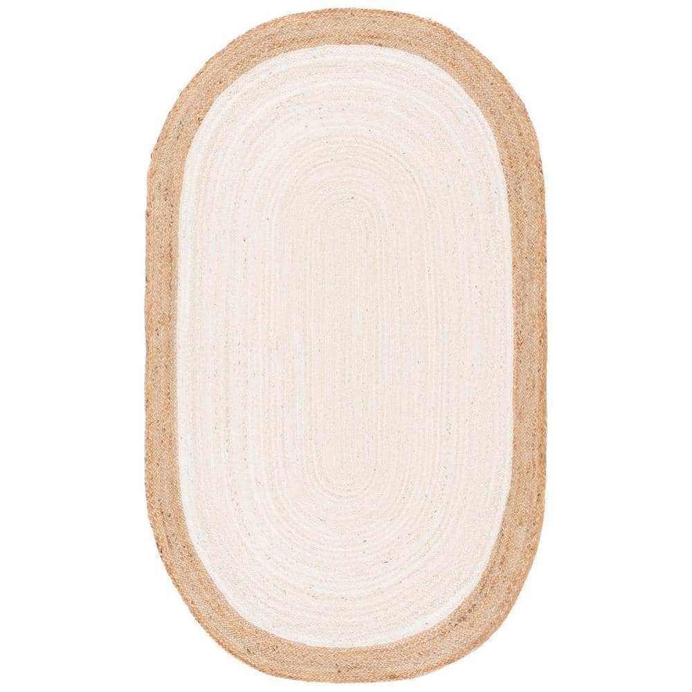 Ivory and Natural Oval Braided Jute Rug 4' x 6'