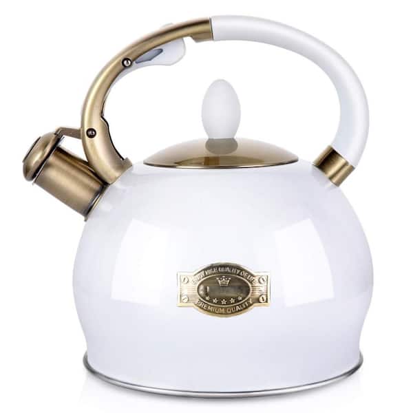 2.64 qt. Stainless Steel Stove Top Tea Kettle  with Cool Touch Ergonomic Handle and 1 Silicone Pinch Mitt, 9-Cup, White