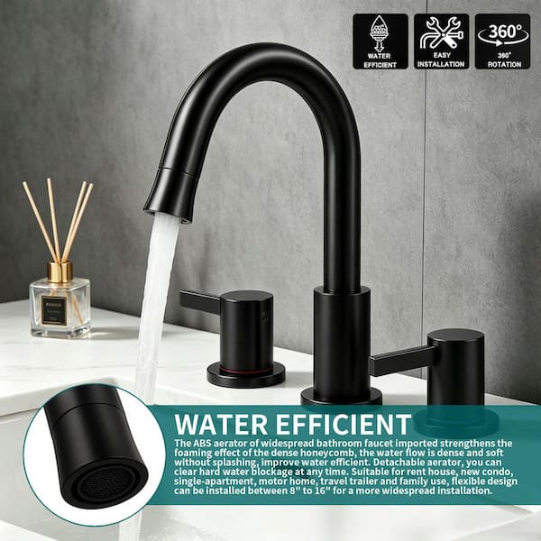 Abdera 8 in. Widespread 2-Handle Bathroom Sink Faucet with 360° Pull-Down Sprayer and Pop-Up Drain in Matte Black