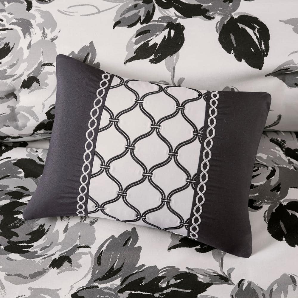California King Black and White Floral Microfiber Duvet Set
