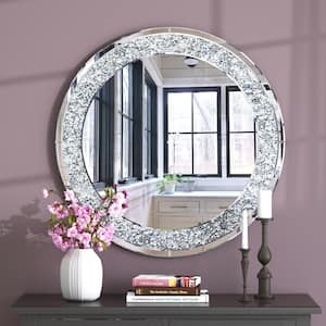 Silver 31.5 in. W x 31.5 in. H Modern Round Crushed Diamond Wall Mirror