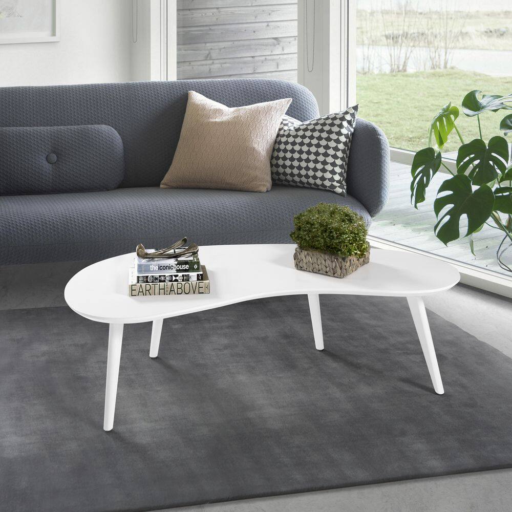 White Oval Solid Wood Mid-Century Modern Coffee Table