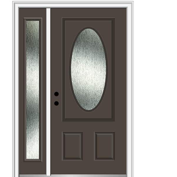 MMI DOOR Rain Glass 48 in. x 80 in. Right-Hand/Inswing Oval Lite Painted Brown Fiberglass Prehung Front Door on 4-9/16 in. Frame