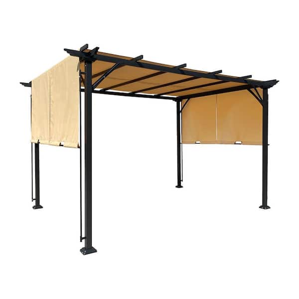 9.5 ft. x 12 ft. Steel Outdoor Pergola Grape Gazebo with Retractable Khaki Shade Canopy for Garden