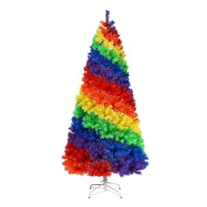 7 ft. Multi-Color Regular Unlit PVC Artificial Hinged Traditional Christmas Tree with White Metal Stand