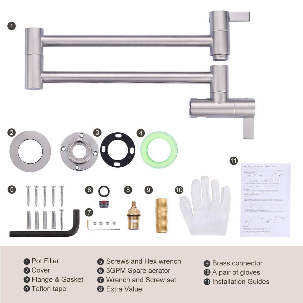 Brushed Nickel Wall Mount Double Handle Pot Filler Faucet