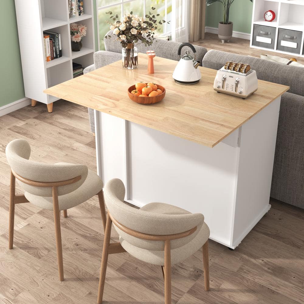White Wood 46 in. Kitchen Island with Pull Out Cabinet Organizer Drop Leaf 