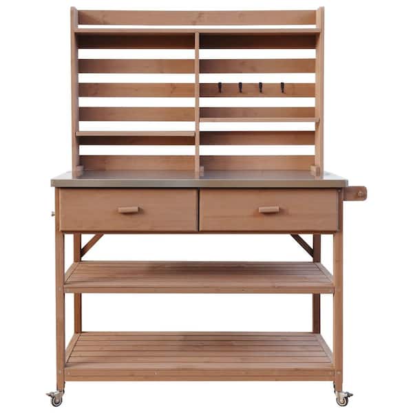 HomeAura 52 in. W x 65 in. H Brown Outdoor Potting Bench Table with Lockable Wheels