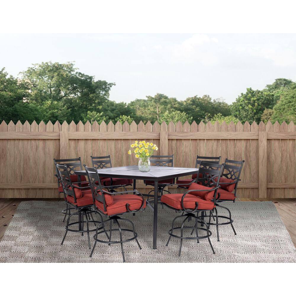 Hanover Montclair 9 Piece Steel Outdoor Dining Set With Chili Red Cushions 8 Swivel Chairs And 